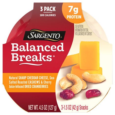 Sargento Sharp Cheddar Cheese/Cashews/Dried Cranberries Balanced Breaks - 3 x 1.5 Ounces