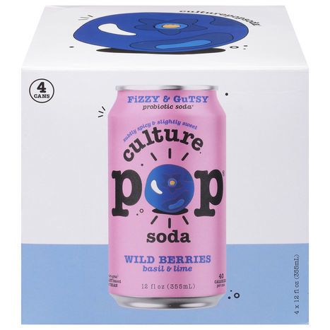 Culture Pop Probiotic Soda, Wild Berries, Basil & Lime - 4 x 12 Fluid Ounces