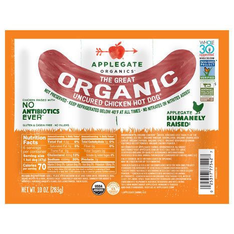 Applegate Organics Hot Dog, Chicken, Uncured - 10 Ounces