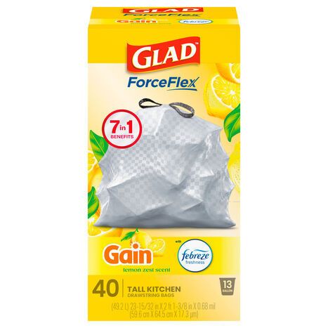 Glad 13 Gallon Gain Lemon Zest Scent Tall Kitchen Drawstring Bags - 40 Drawstring Bags