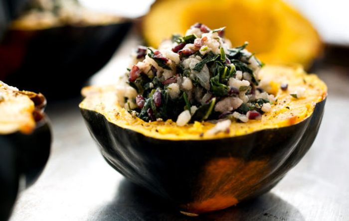 A Corn Squash Stuffed with Mushroom Risotto