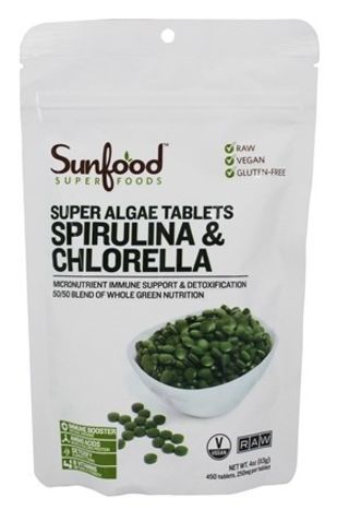 Sunfood Superfoods Super Algea Tables Spirulina & Chlorella, 450 Tablets (250 MG)