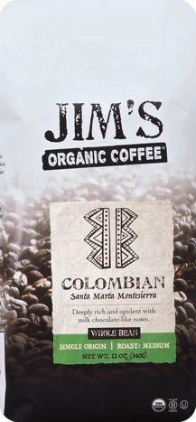Jim's Organic Coffee Coffee, Whole Bean, Medium Roast, Colombian Santa Marta Montesierra - 12 Ounces