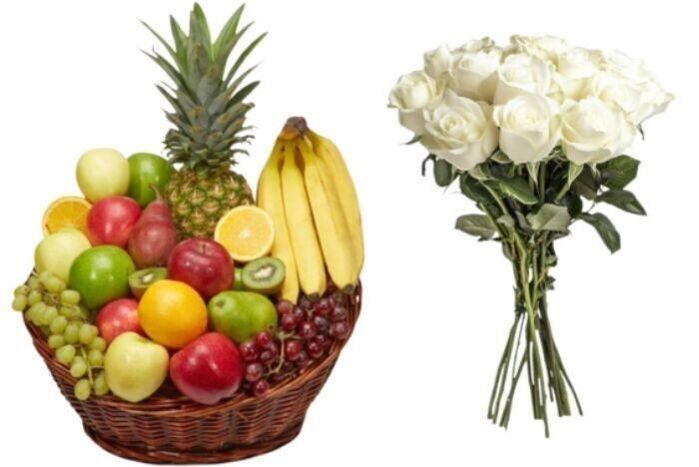 Premium Fruit Basket + 1 Dozen Long Stem White Roses
