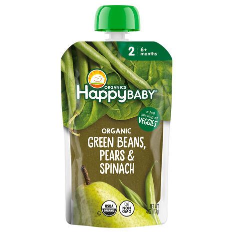 Happy Baby Clearly Crafted Stage 2 Green Beans, Spinach & Pears Baby Food Pouch - 4 Ounces