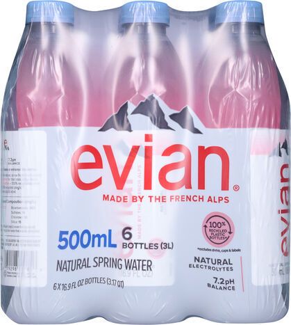 Evian Natural Spring Water - 6 x 16.9 Fluid Ounces