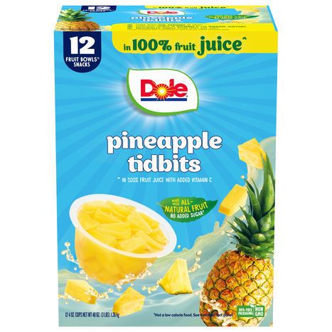 Dole Fruit Bowls Snack, in 100% Fruit Juice, Pineapple Tidbits - 12 x 4 Ounce Cups